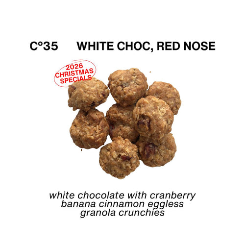 C°35 White Choc Red Nose | white chocolate with cranberry banana cinnamon eggless granola crunchies